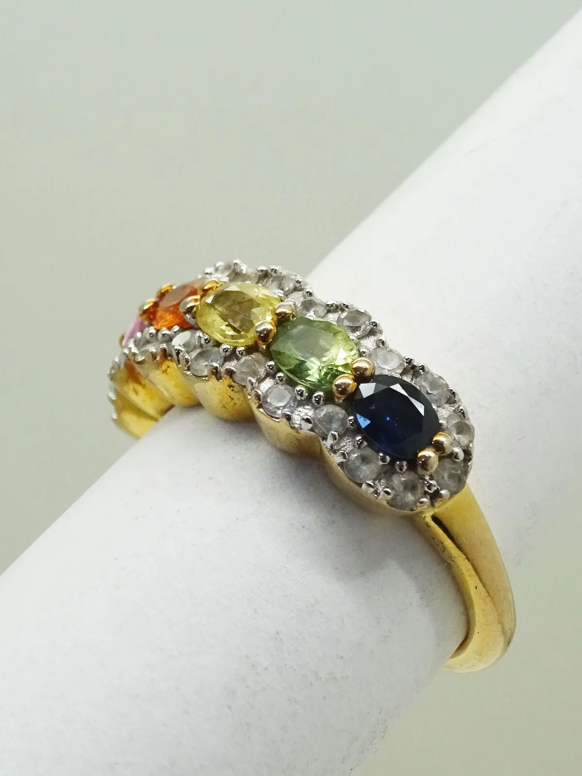 Multi-Color 6-Stone & Halo CZ Ring Size 5.5 Vermeil Sterling Silver