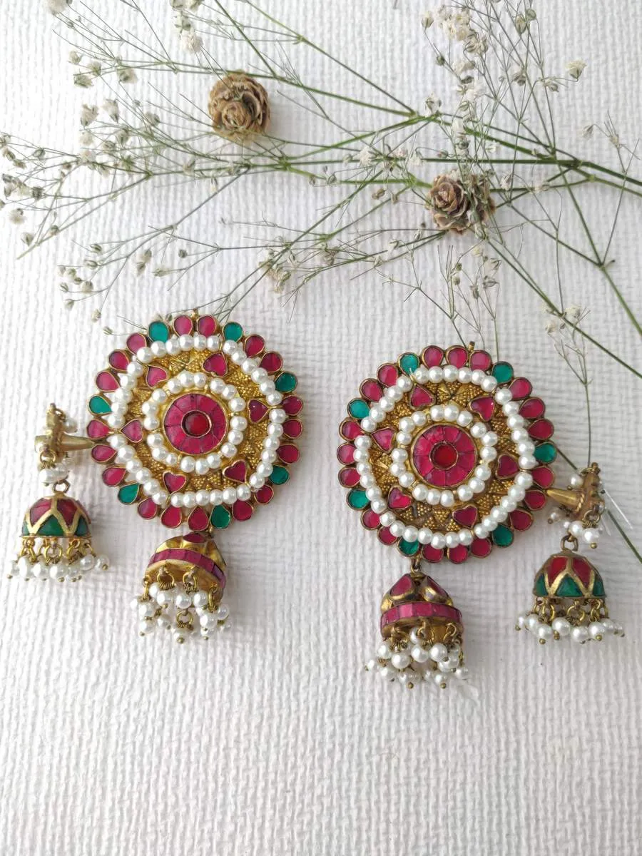 Multicolor Gold Plated Jadau Kundan Earrings - ME359