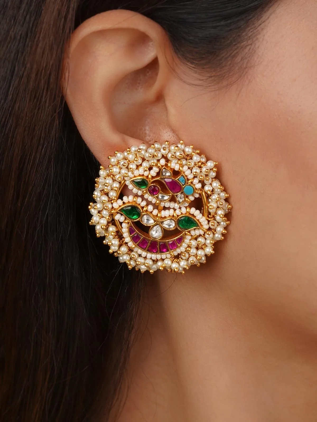 Multicolor Gold Plated Jadau Kundan Earrings - ME969M