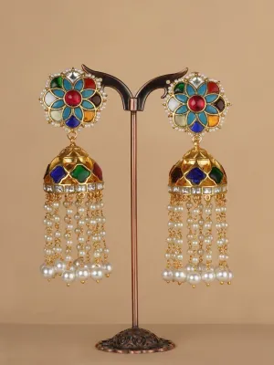 Navratna Color Gold Plated Jadau Kundan Earrings - ME1214N