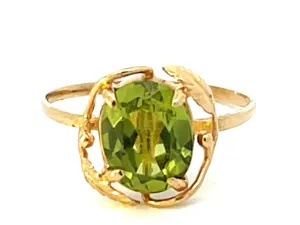 Oval Peridot and Leaf Ring in 14k Yellow Gold