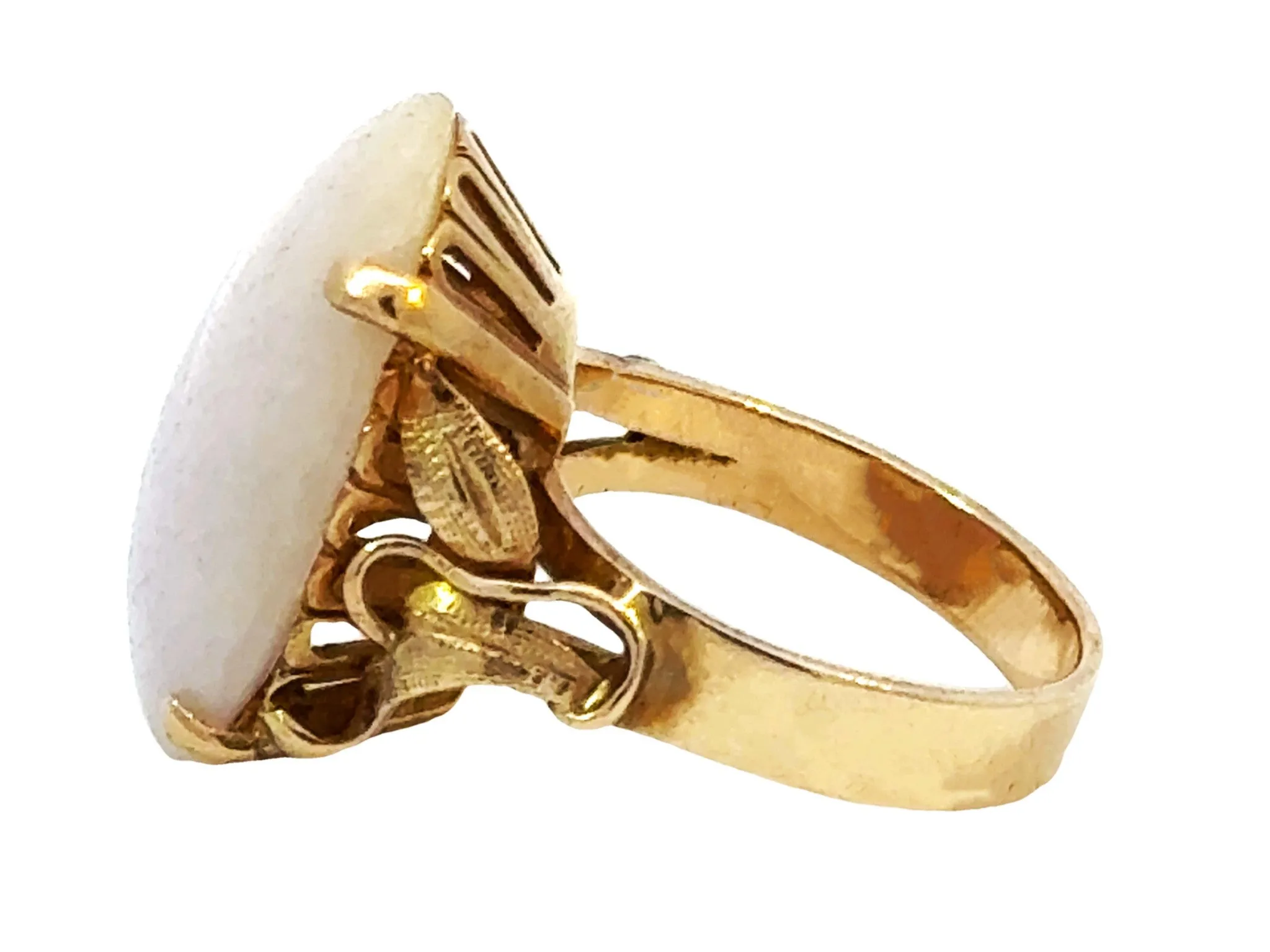 Oval White Jade Cabochon Ring 14K Yellow Gold