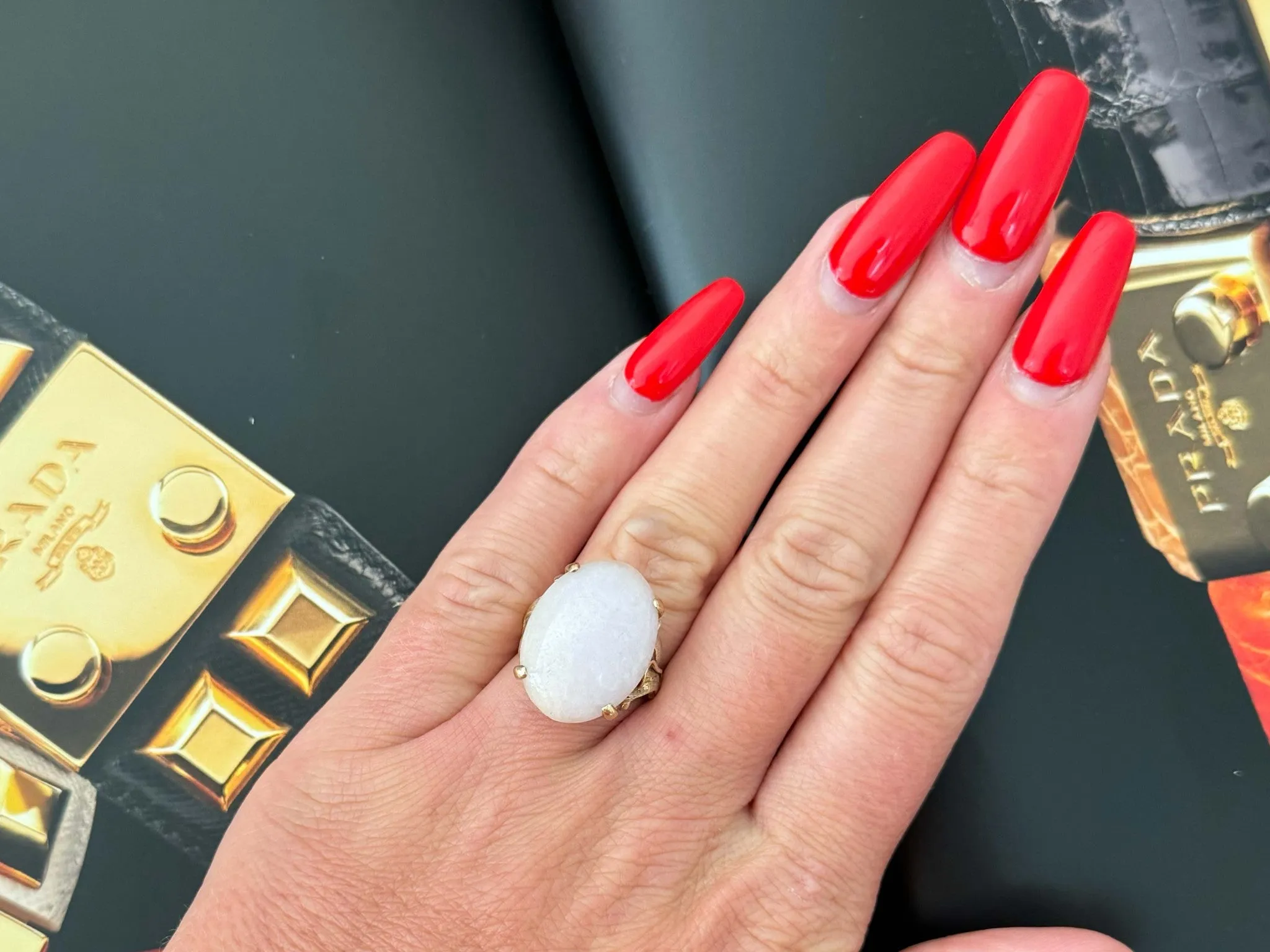 Oval White Jade Cabochon Ring 14K Yellow Gold