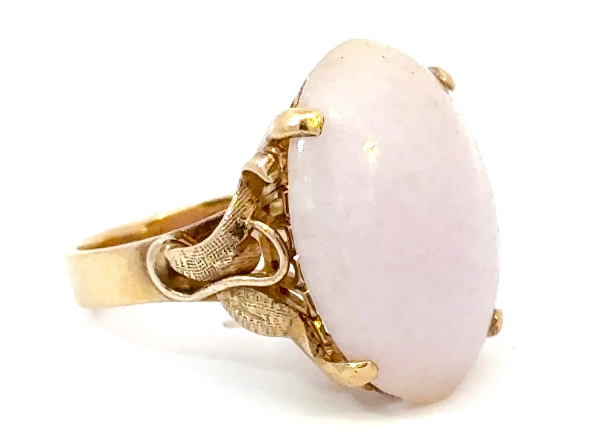 Oval White Jade Cabochon Ring 14K Yellow Gold
