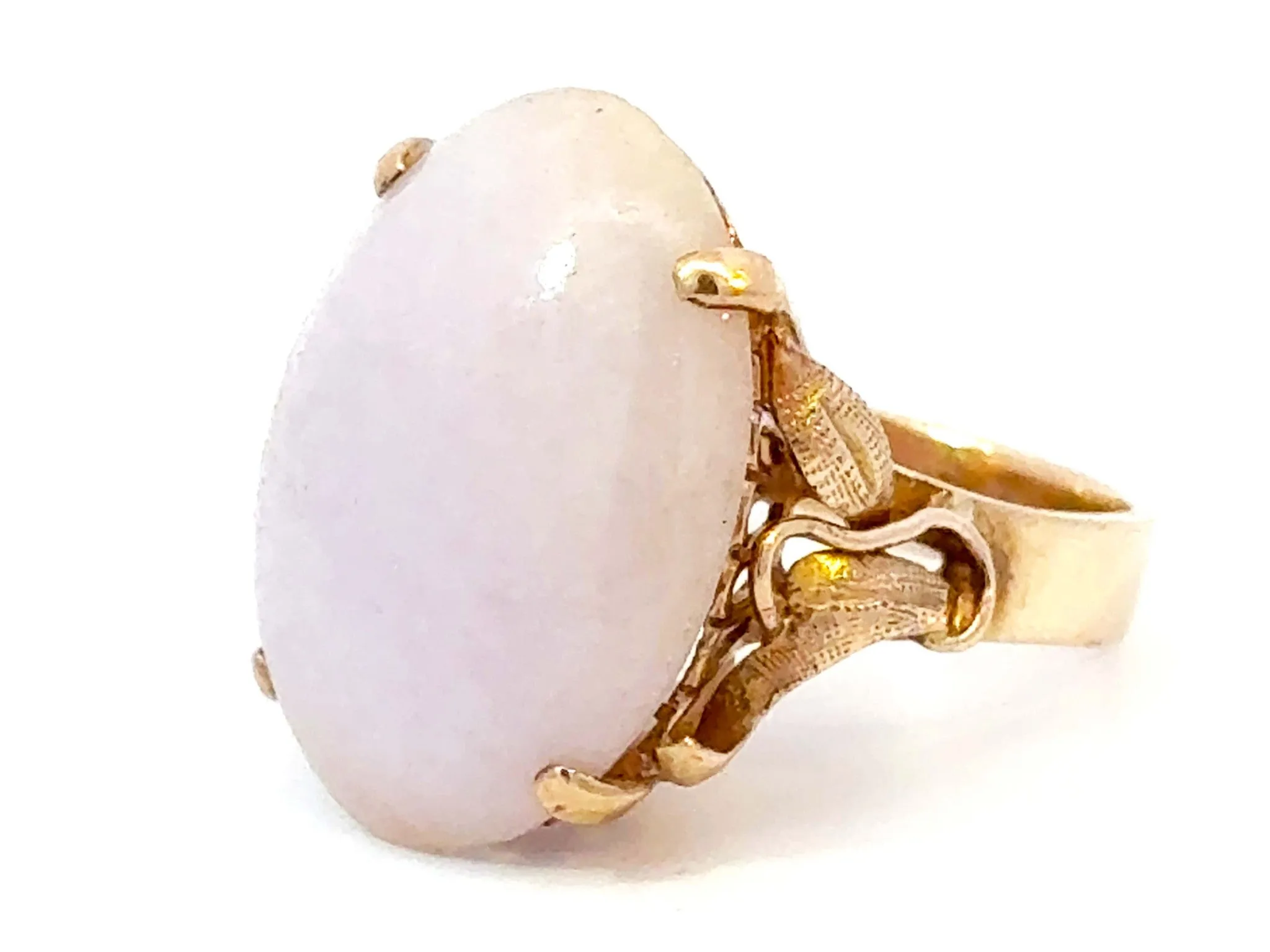 Oval White Jade Cabochon Ring 14K Yellow Gold