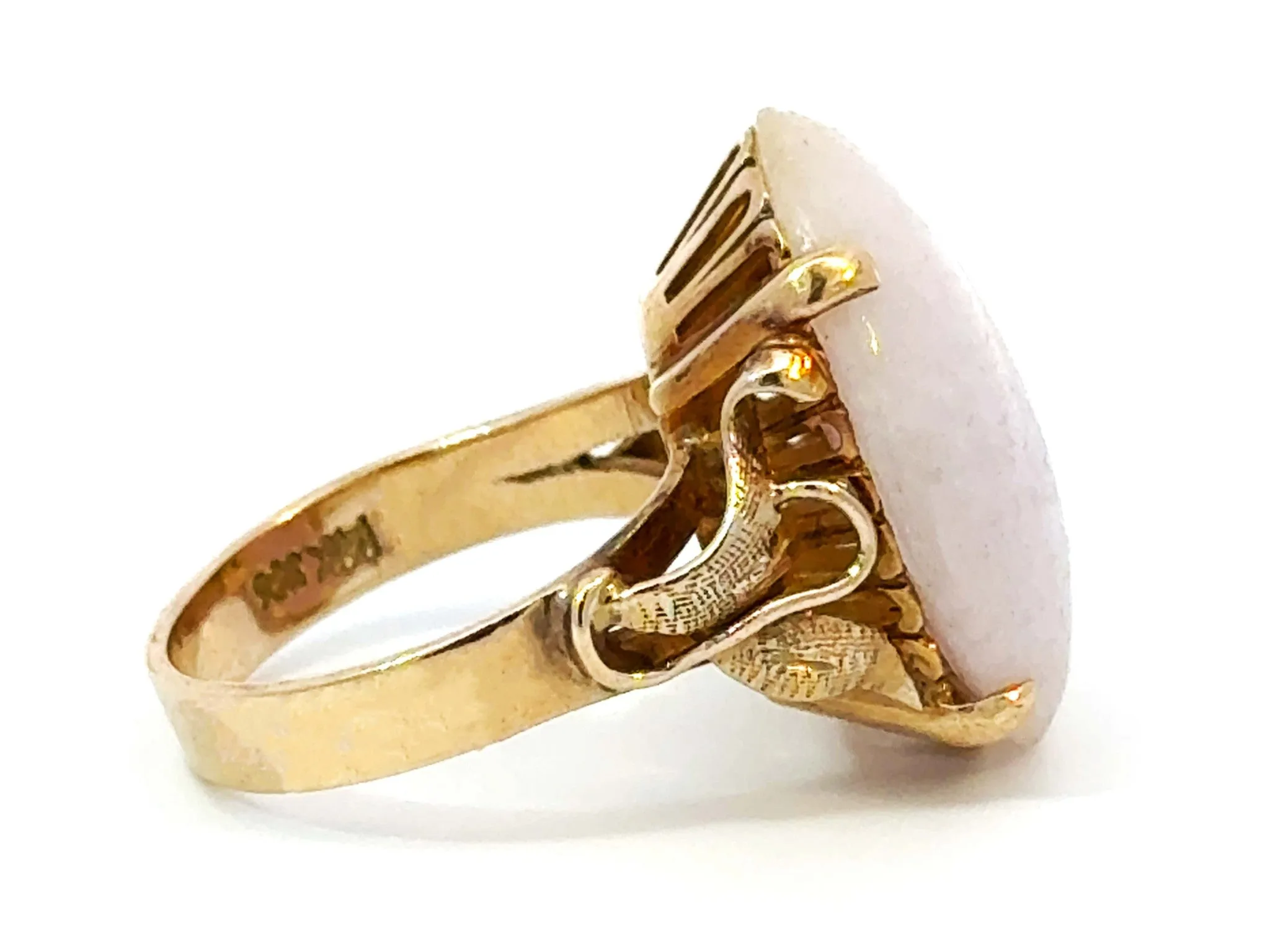 Oval White Jade Cabochon Ring 14K Yellow Gold