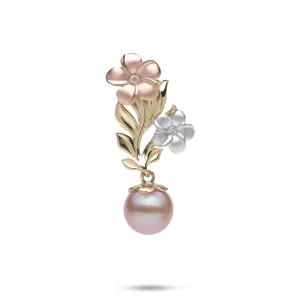 Pearls in Bloom Plumeria Lavender Freshwater Pearl Pendant in Tri Color Gold with Diamonds