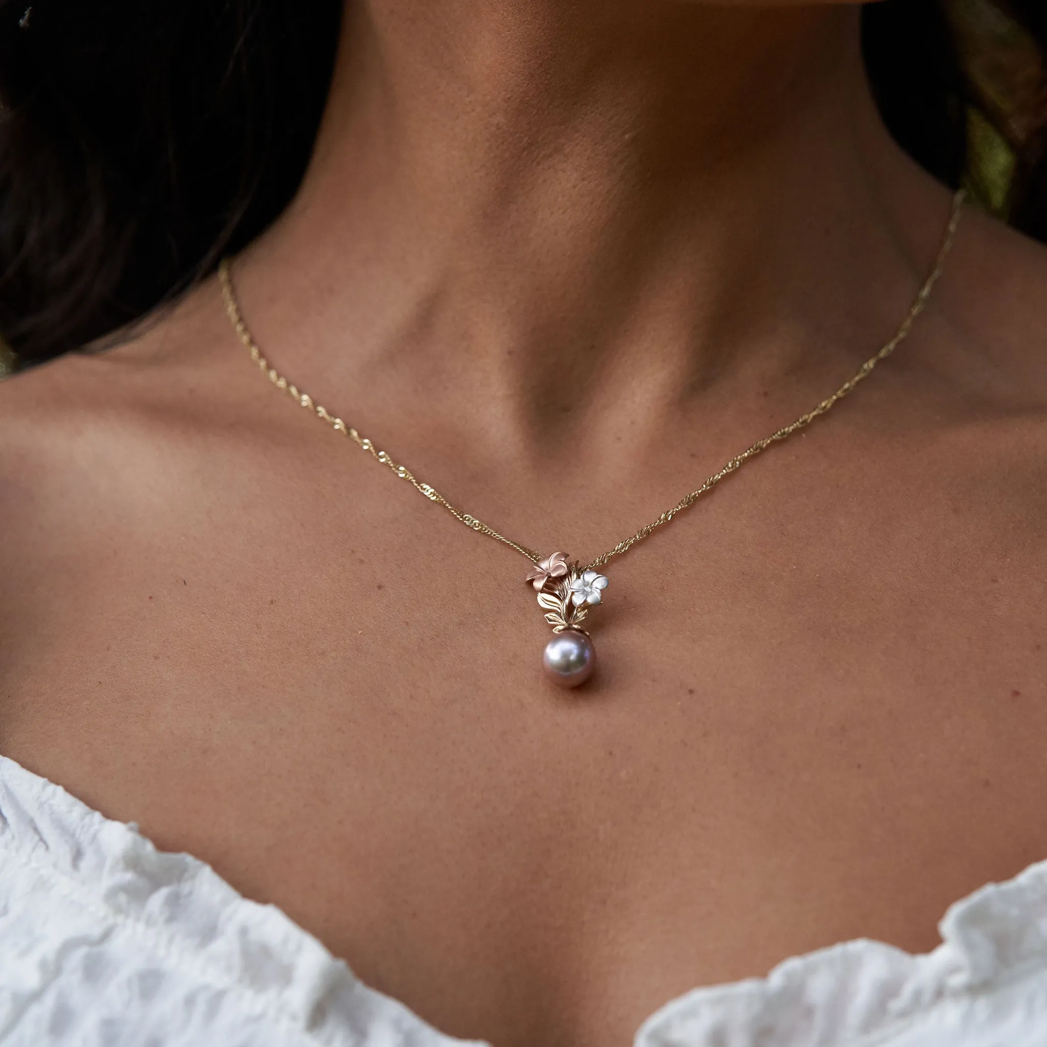 Pearls in Bloom Plumeria Lavender Freshwater Pearl Pendant in Tri Color Gold with Diamonds