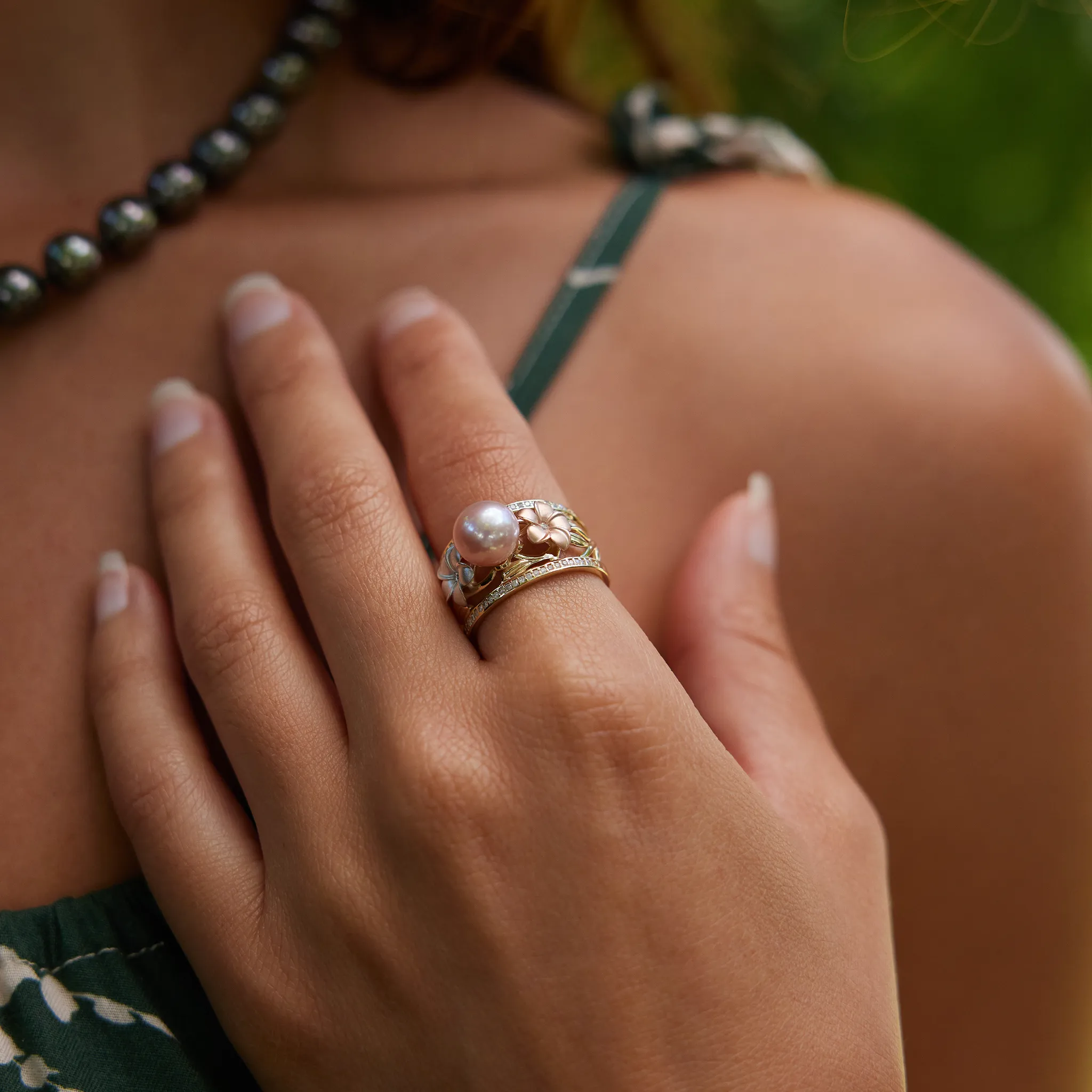 Pearls in Bloom Plumeria Lavender Freshwater Pearl Ring in Tri Color Gold with Diamonds - 12mm