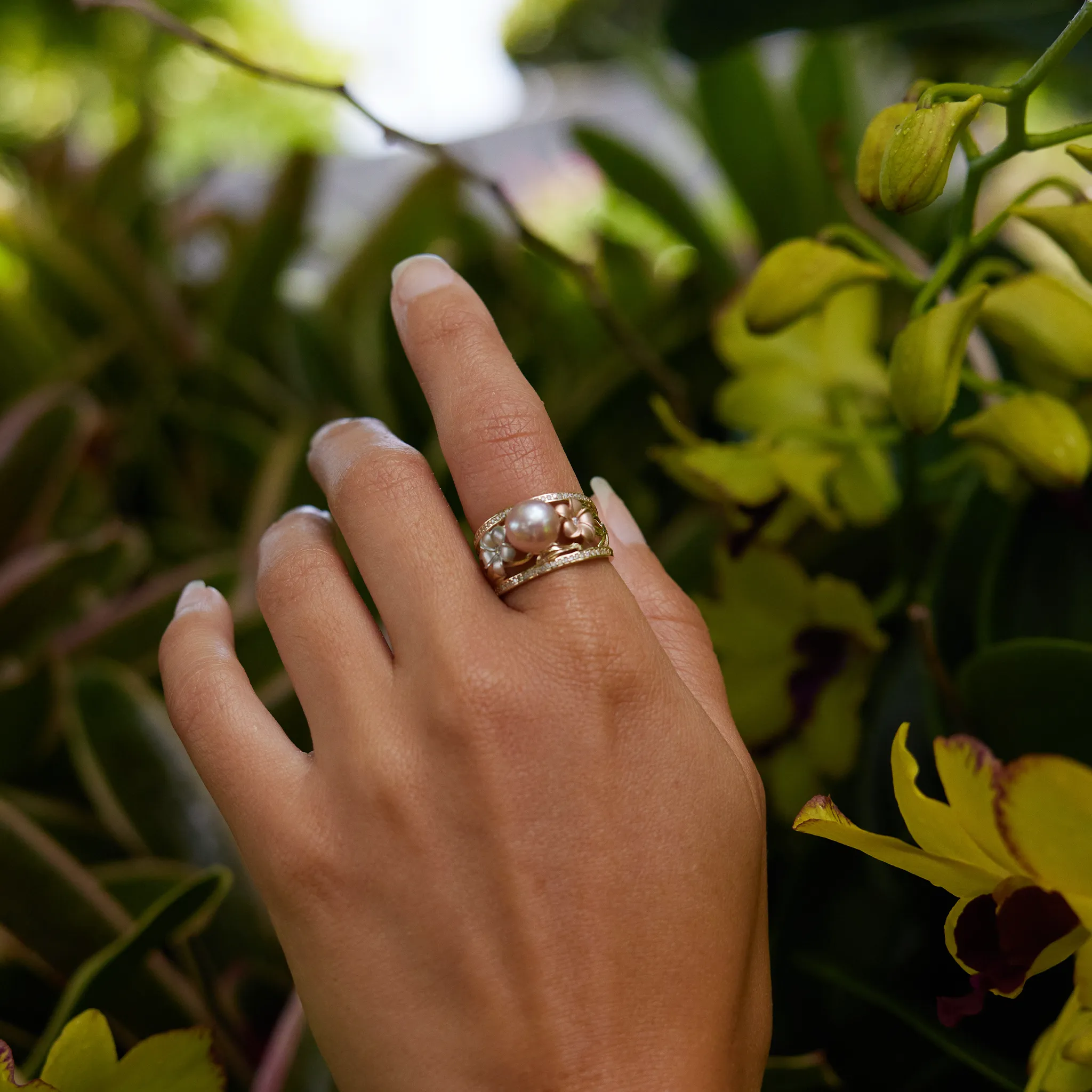 Pearls in Bloom Plumeria Lavender Freshwater Pearl Ring in Tri Color Gold with Diamonds - 12mm