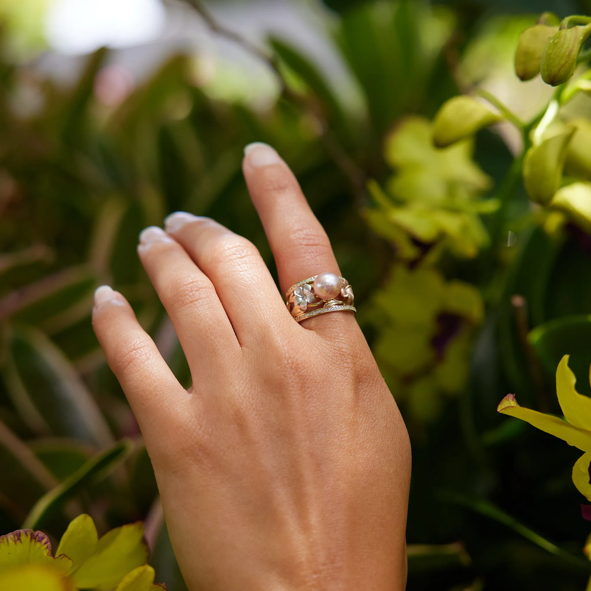 Pearls in Bloom Plumeria Lavender Freshwater Pearl Ring in Tri Color Gold with Diamonds - 12mm