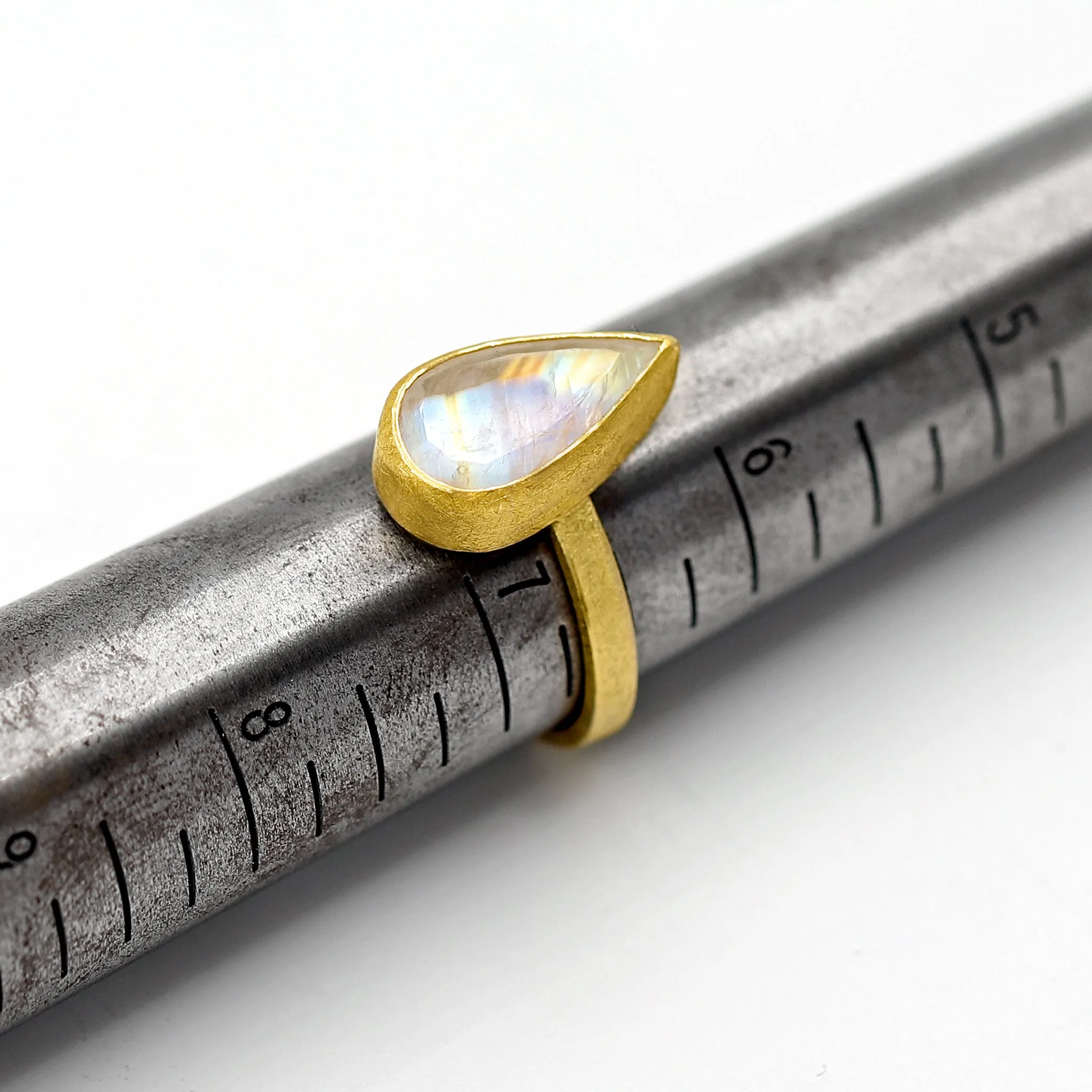 Petra Class Faceted Rainbow Moonstone Drop High Karat Yellow Gold Solitaire Ring