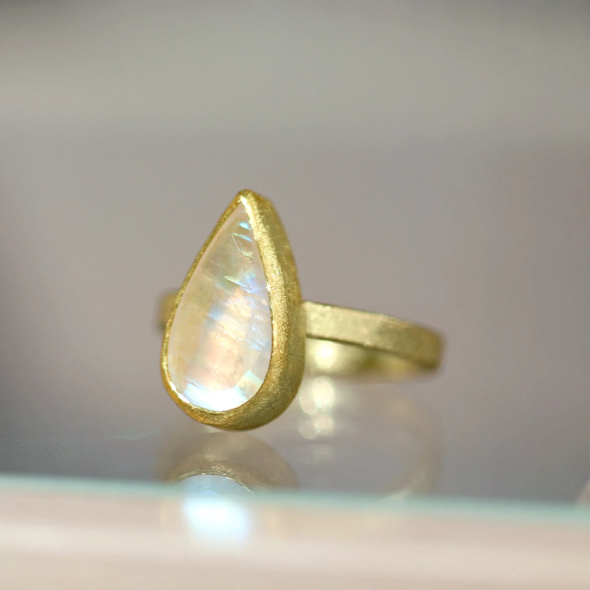 Petra Class Faceted Rainbow Moonstone Drop High Karat Yellow Gold Solitaire Ring