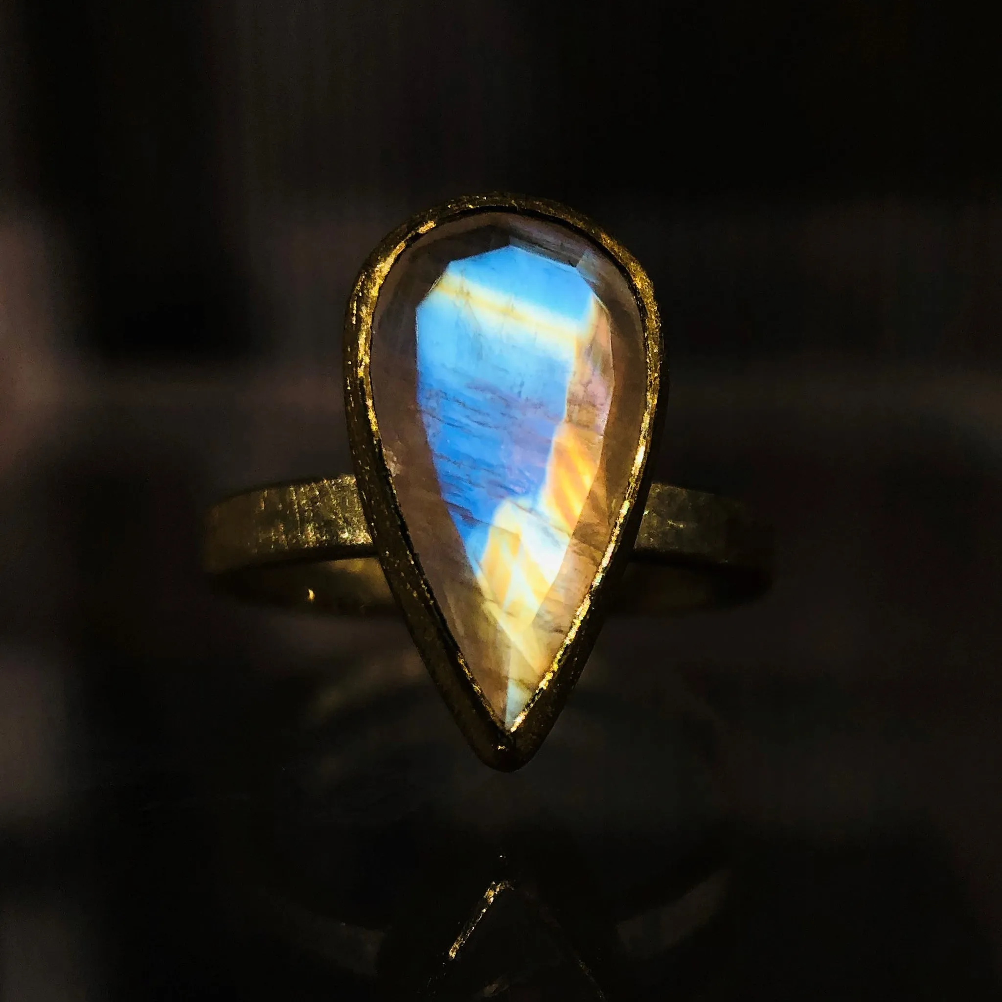 Petra Class Faceted Rainbow Moonstone Drop High Karat Yellow Gold Solitaire Ring