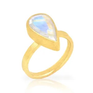 Petra Class Faceted Rainbow Moonstone Drop High Karat Yellow Gold Solitaire Ring