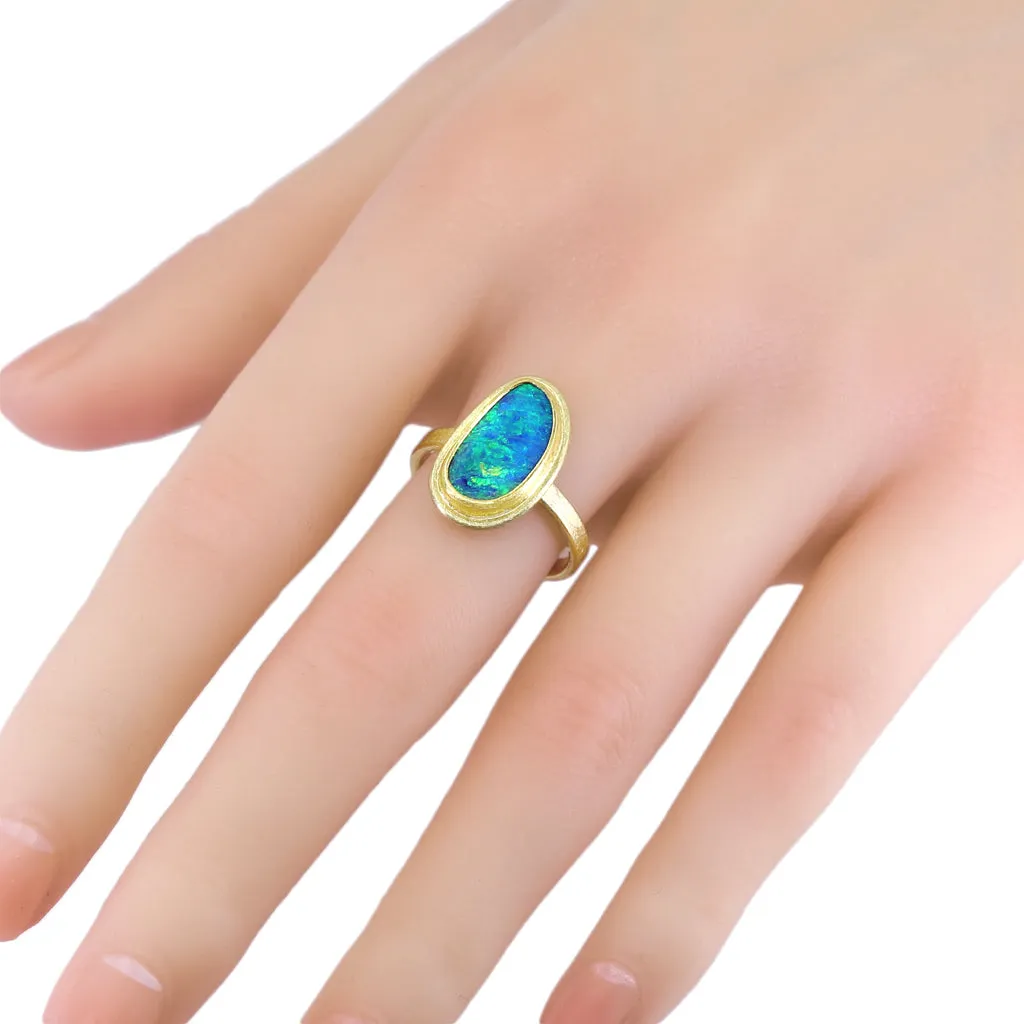 Petra Class Neon Green Orange Fire Blue Opal Doublet Framed 22k Gold Ring