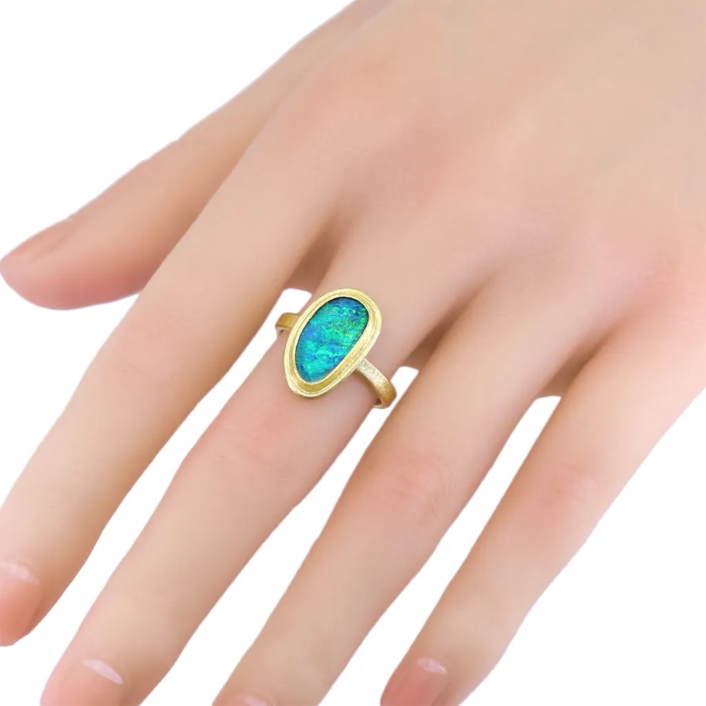Petra Class Neon Green Orange Fire Blue Opal Doublet Framed 22k Gold Ring
