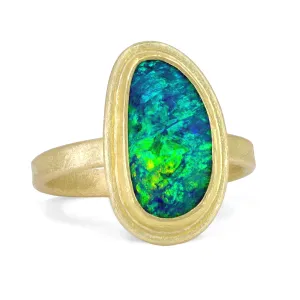 Petra Class Neon Green Orange Fire Blue Opal Doublet Framed 22k Gold Ring