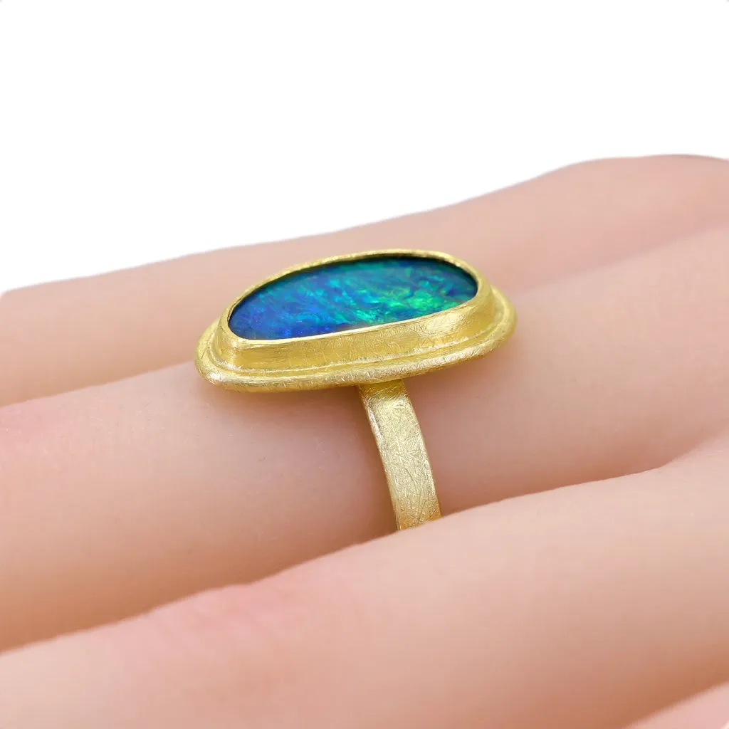 Petra Class Neon Green Orange Fire Blue Opal Doublet Framed 22k Gold Ring