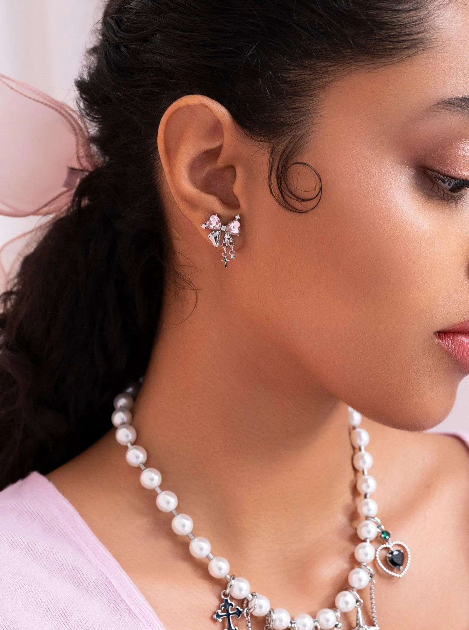 Sparkle Bow Earrings in Pink Silver
