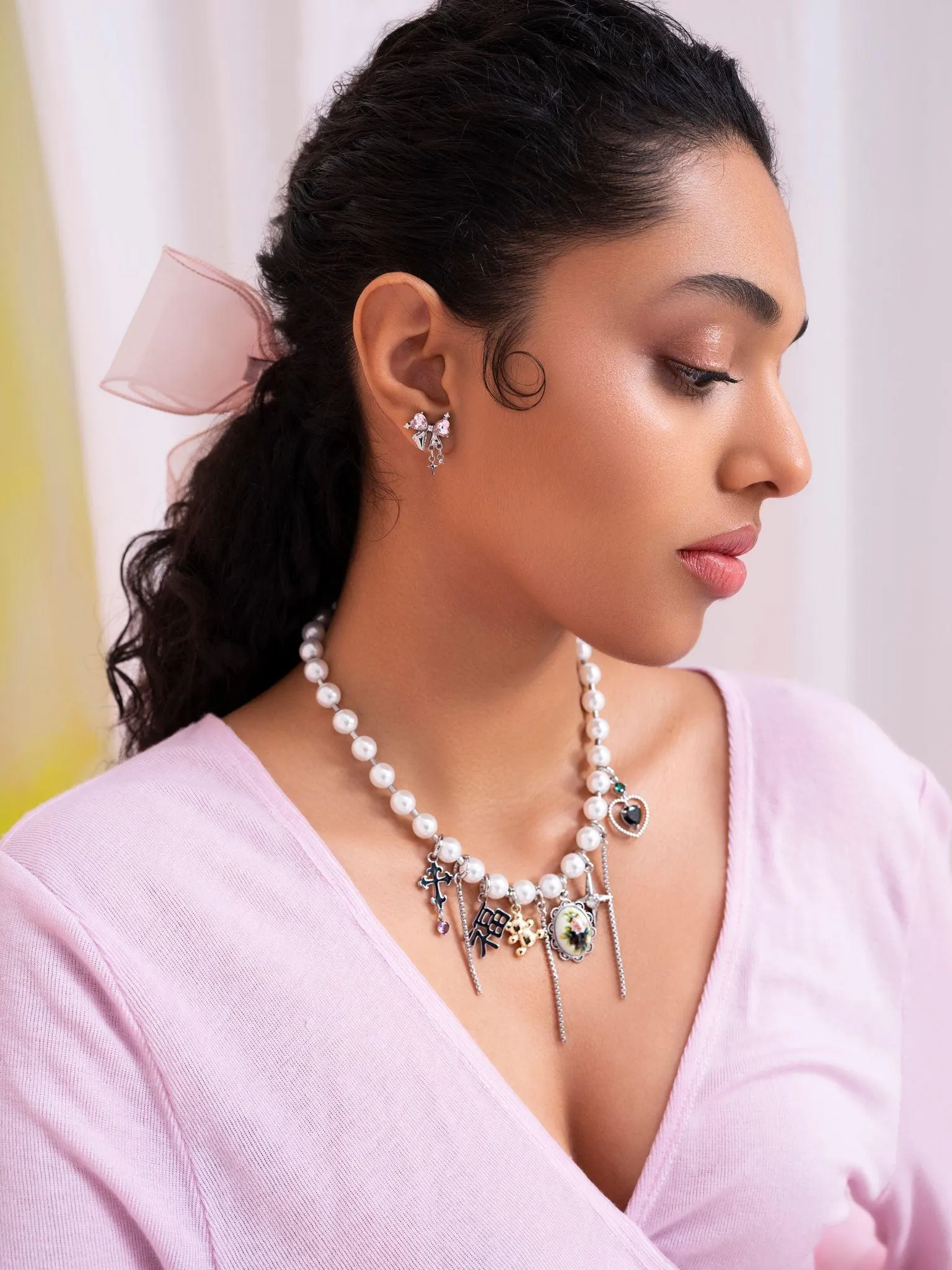Sparkle Bow Earrings in Pink Silver