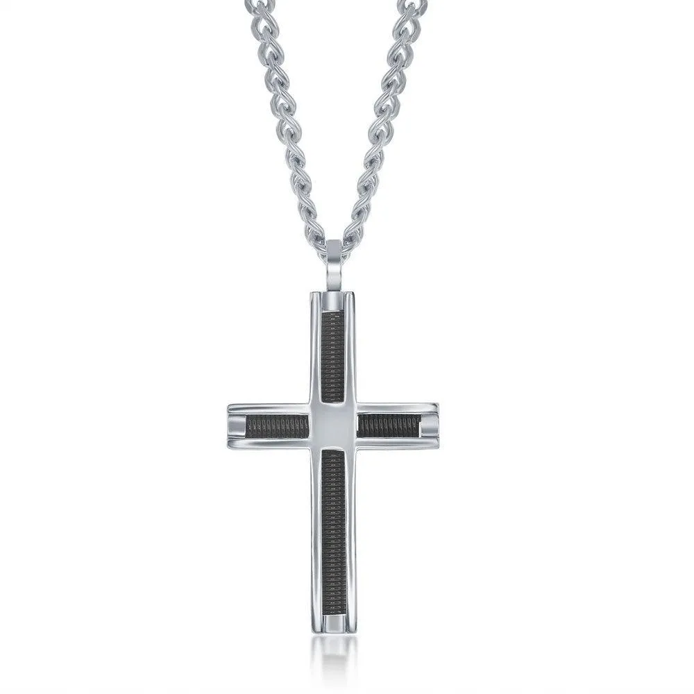 Stainless Steel Polished and Black Wire Cross Pendent With Chain