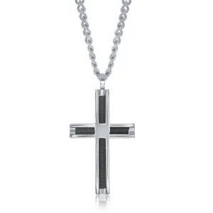 Stainless Steel Polished and Black Wire Cross Pendent With Chain