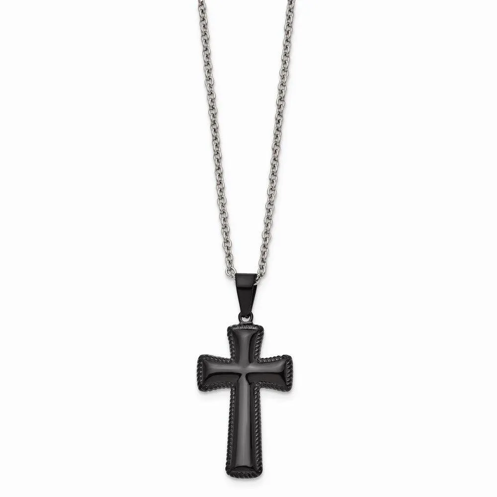 Stainless Steel Polished Black IP-plated Medium Pillow Cross Necklace