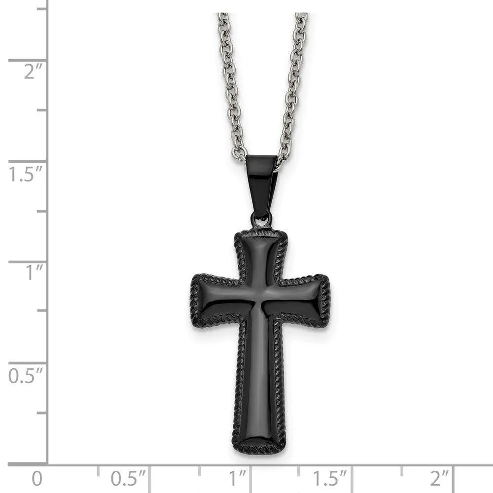 Stainless Steel Polished Black IP-plated Medium Pillow Cross Necklace