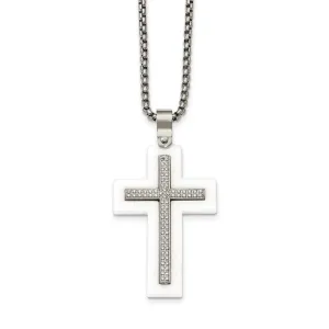 Stainless Steel Polished White Ceramic Cross CZ 23.75in Necklace