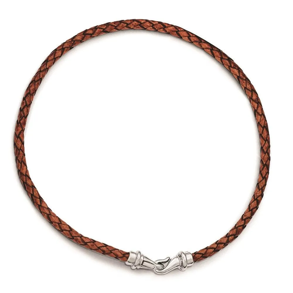 Stainless Steel Polished Woven Brown Leather Necklace