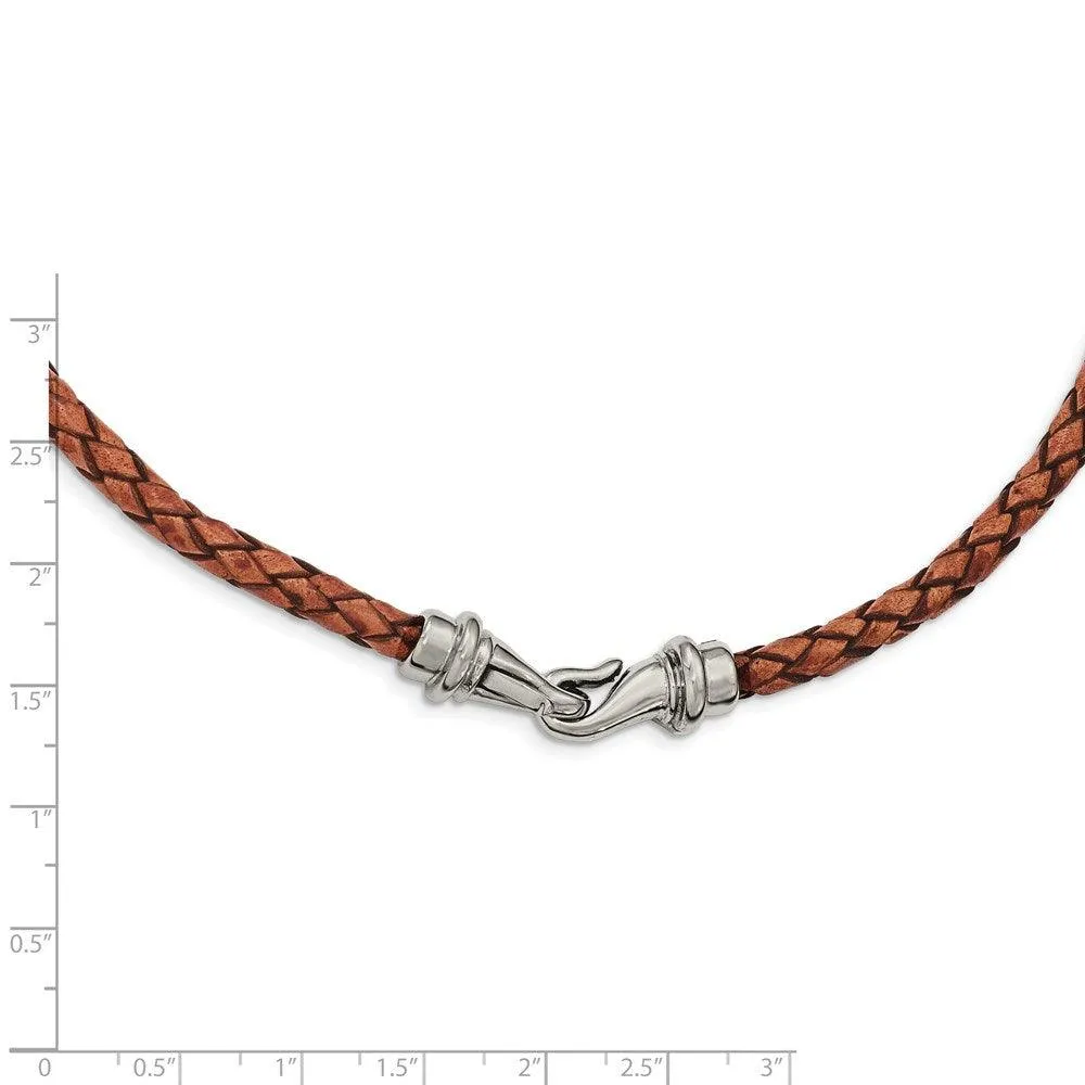 Stainless Steel Polished Woven Brown Leather Necklace