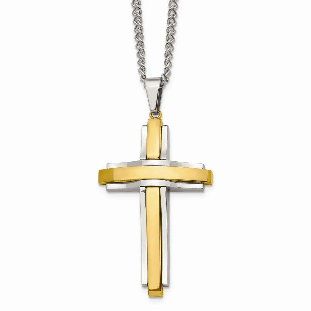 Stainless Steel Polished Yellow IP-plated Cross Necklace