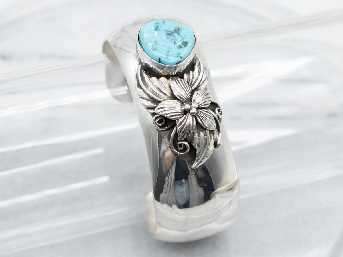 Sterling Silver Floral Native American Turquoise Cuff Bracelet