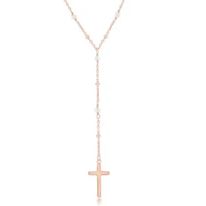 Sterling Silver Rose Quartz & Plain Beads Cross Rosary Necklace