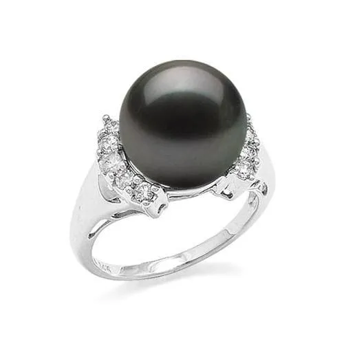 Tahitian Black Pearl Ring in White Gold with Diamonds - 12-13mm