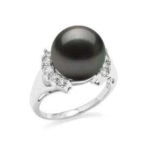 Tahitian Black Pearl Ring in White Gold with Diamonds - 12-13mm