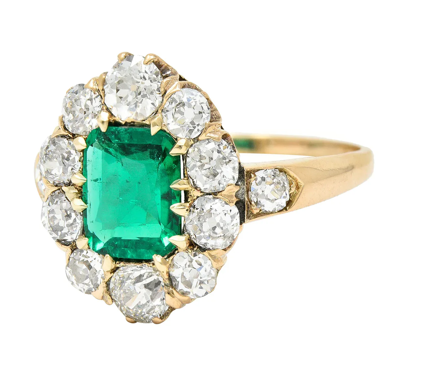 VICTORIAN 2.71 CTW COLUMBIAN CUSHION CUT EMERALD OLD EUROPEAN CUT DIAMOND 14 KARAT YELLOW GOLD ANTIQUE CLUSTER RING