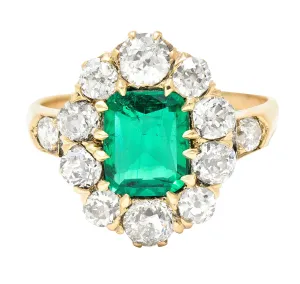 VICTORIAN 2.71 CTW COLUMBIAN CUSHION CUT EMERALD OLD EUROPEAN CUT DIAMOND 14 KARAT YELLOW GOLD ANTIQUE CLUSTER RING