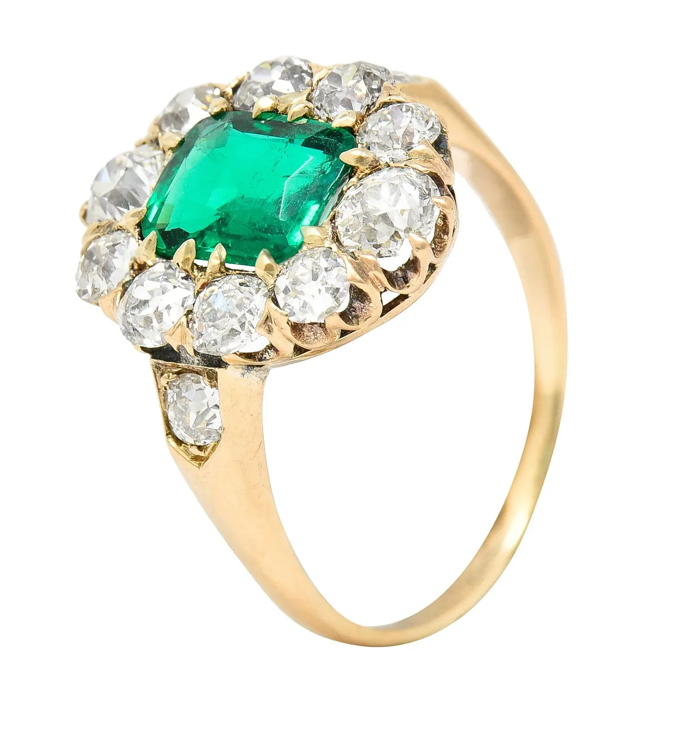 VICTORIAN 2.71 CTW COLUMBIAN CUSHION CUT EMERALD OLD EUROPEAN CUT DIAMOND 14 KARAT YELLOW GOLD ANTIQUE CLUSTER RING