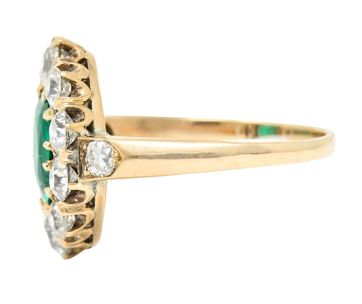 VICTORIAN 2.71 CTW COLUMBIAN CUSHION CUT EMERALD OLD EUROPEAN CUT DIAMOND 14 KARAT YELLOW GOLD ANTIQUE CLUSTER RING