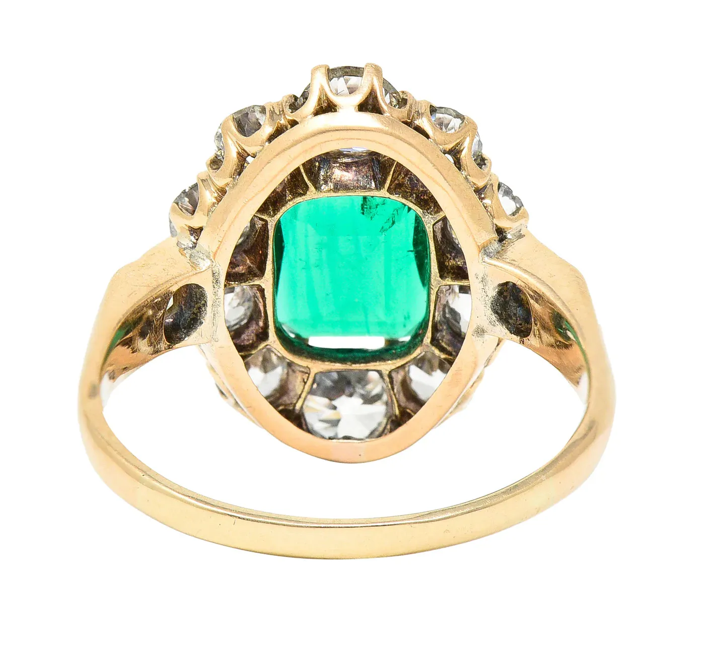 VICTORIAN 2.71 CTW COLUMBIAN CUSHION CUT EMERALD OLD EUROPEAN CUT DIAMOND 14 KARAT YELLOW GOLD ANTIQUE CLUSTER RING