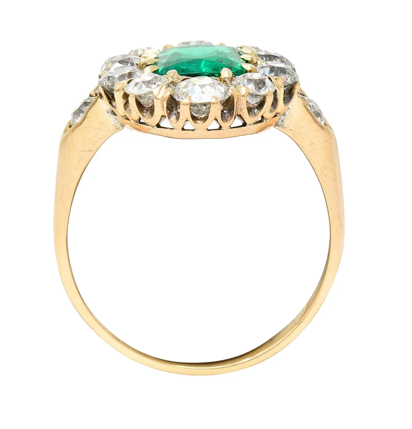 VICTORIAN 2.71 CTW COLUMBIAN CUSHION CUT EMERALD OLD EUROPEAN CUT DIAMOND 14 KARAT YELLOW GOLD ANTIQUE CLUSTER RING