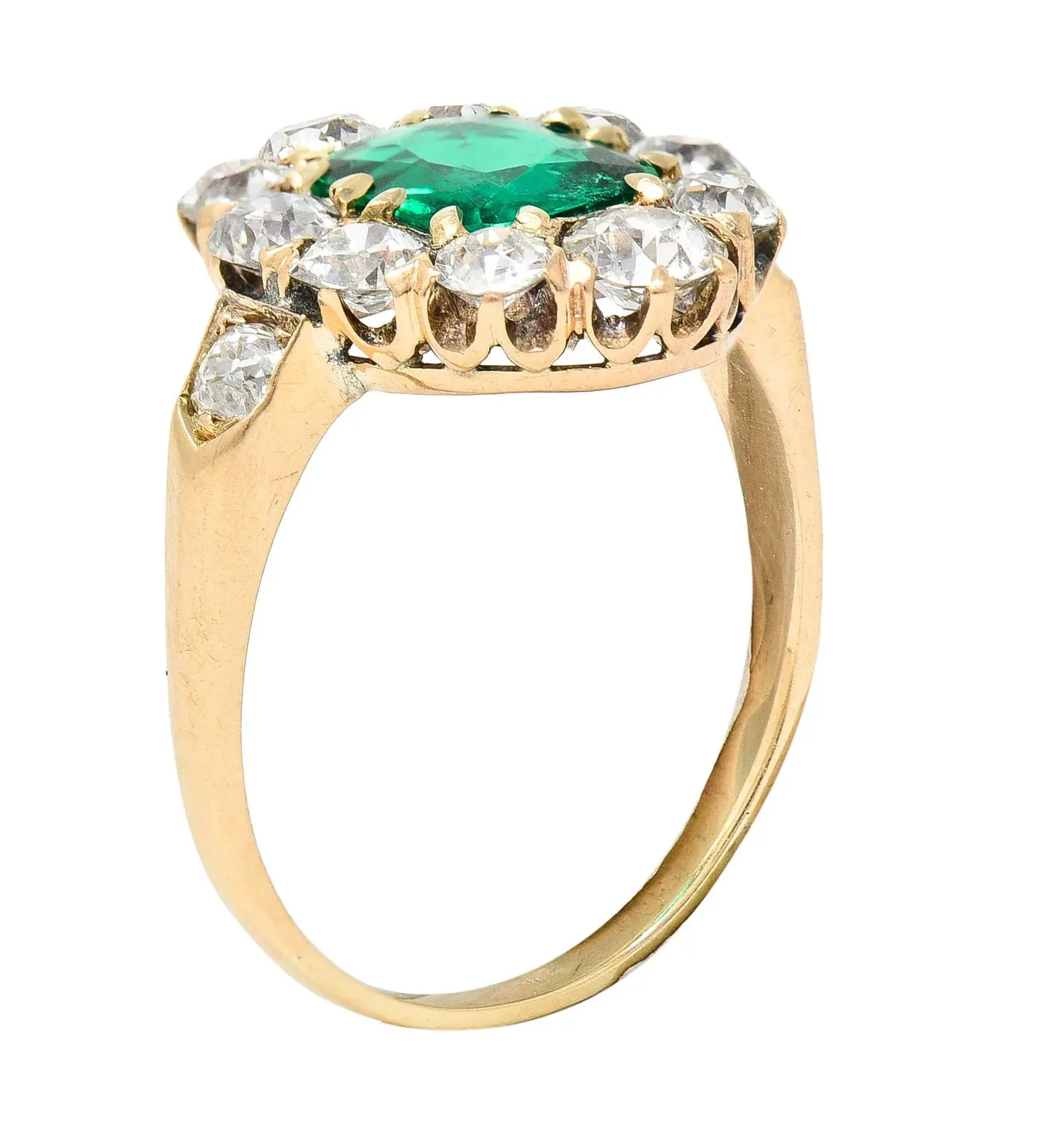VICTORIAN 2.71 CTW COLUMBIAN CUSHION CUT EMERALD OLD EUROPEAN CUT DIAMOND 14 KARAT YELLOW GOLD ANTIQUE CLUSTER RING