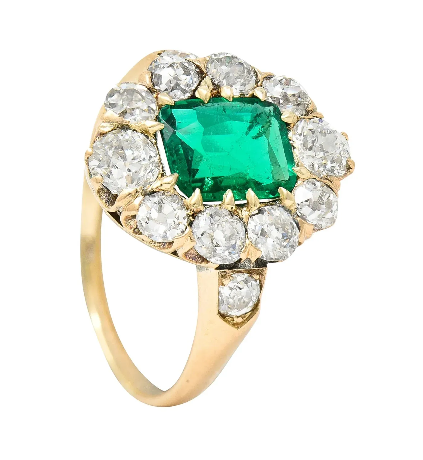 VICTORIAN 2.71 CTW COLUMBIAN CUSHION CUT EMERALD OLD EUROPEAN CUT DIAMOND 14 KARAT YELLOW GOLD ANTIQUE CLUSTER RING