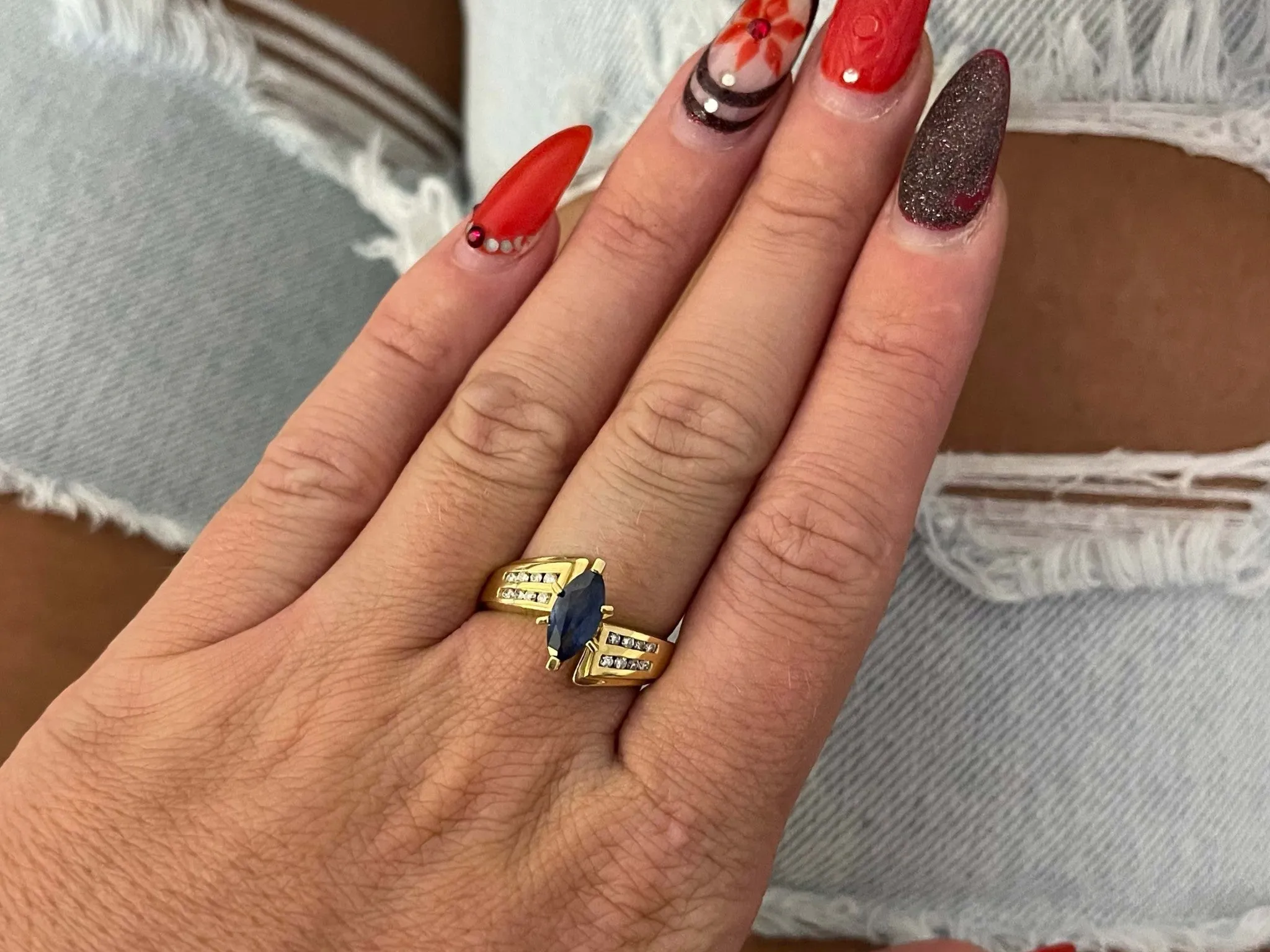 Vintage Marquise Blue Sapphire and Diamond Ring in 14k Yellow Gold