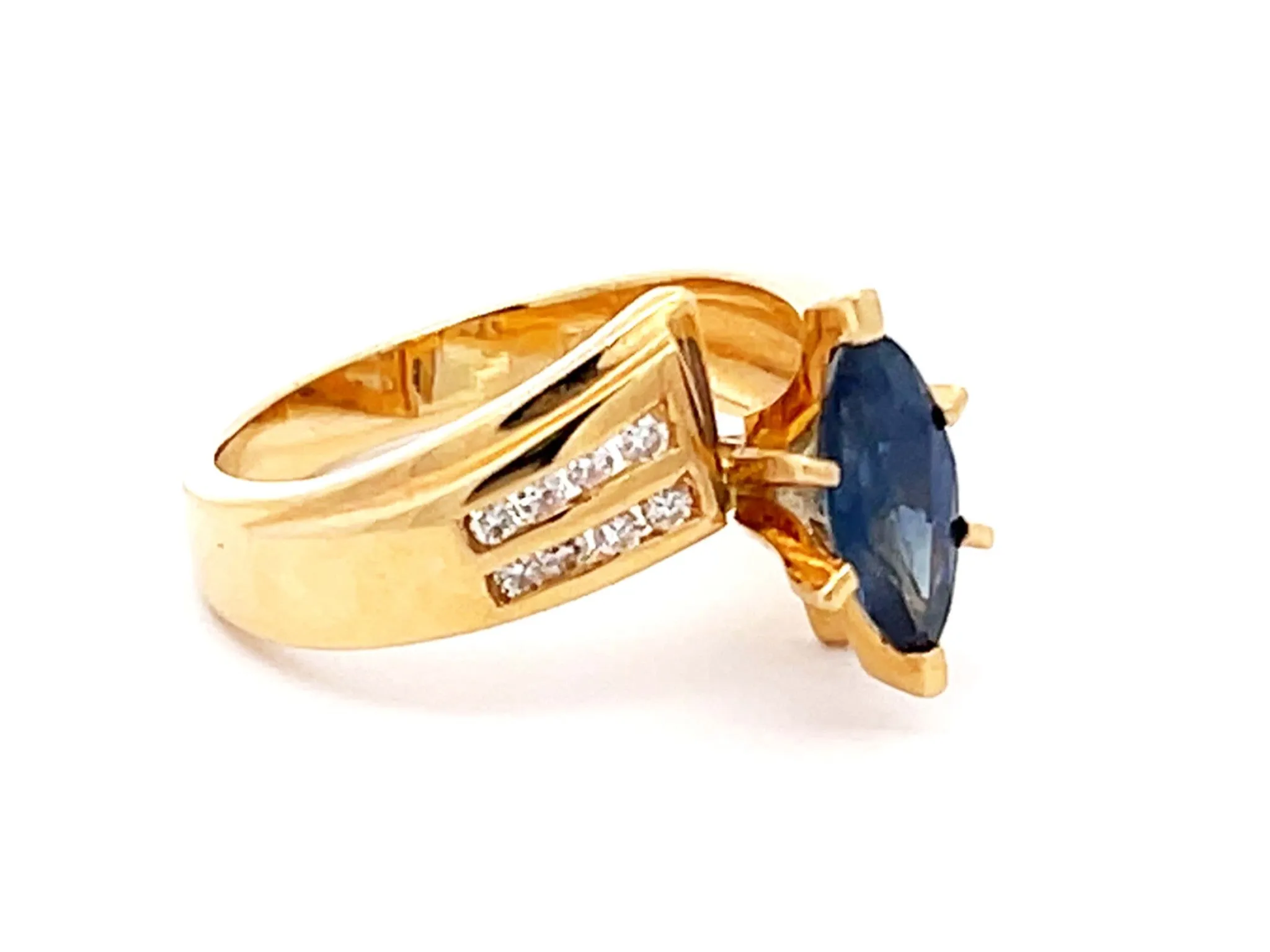 Vintage Marquise Blue Sapphire and Diamond Ring in 14k Yellow Gold