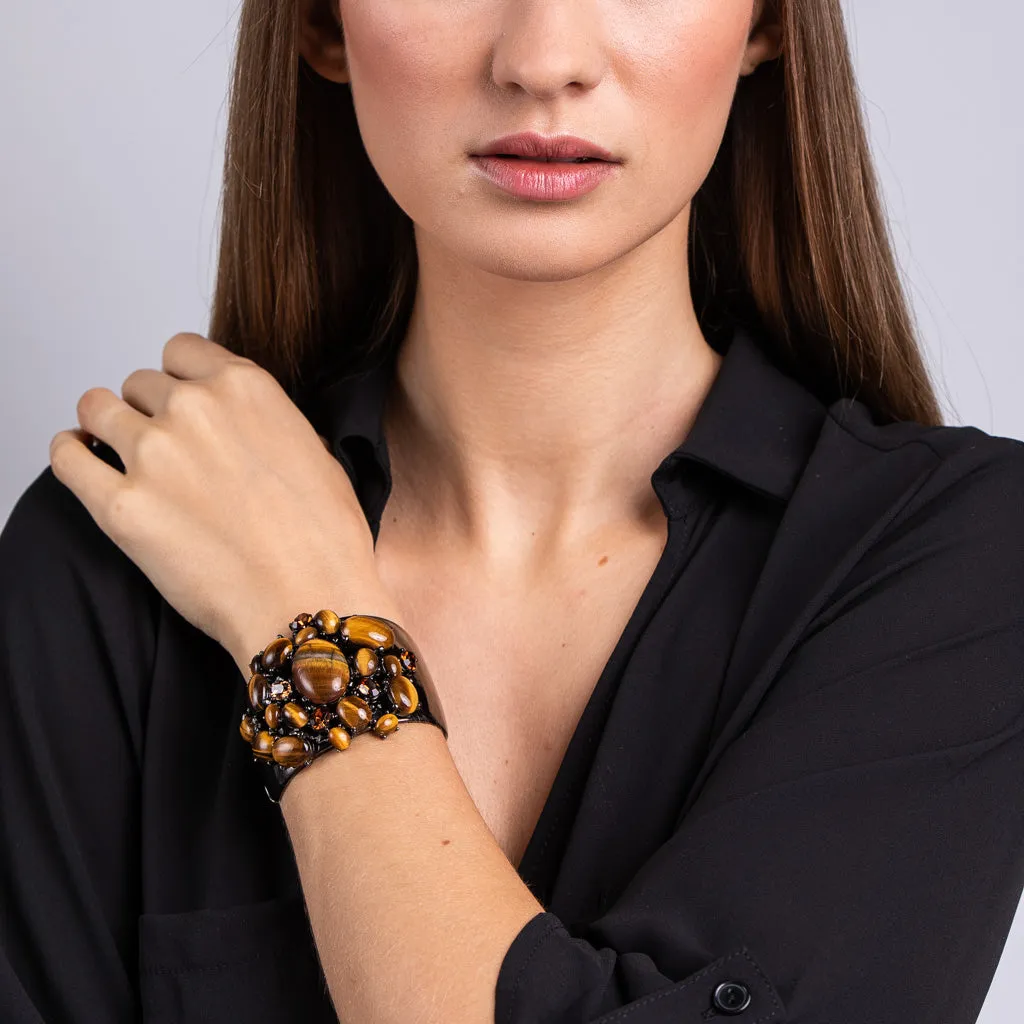 Vintage Tiger Eye Cabochons on Gun Metal Cuff Bracelet