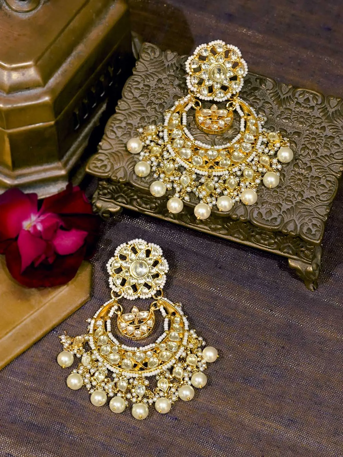 White Color Gold Plated Jadau Kundan Earrings - ME1Y